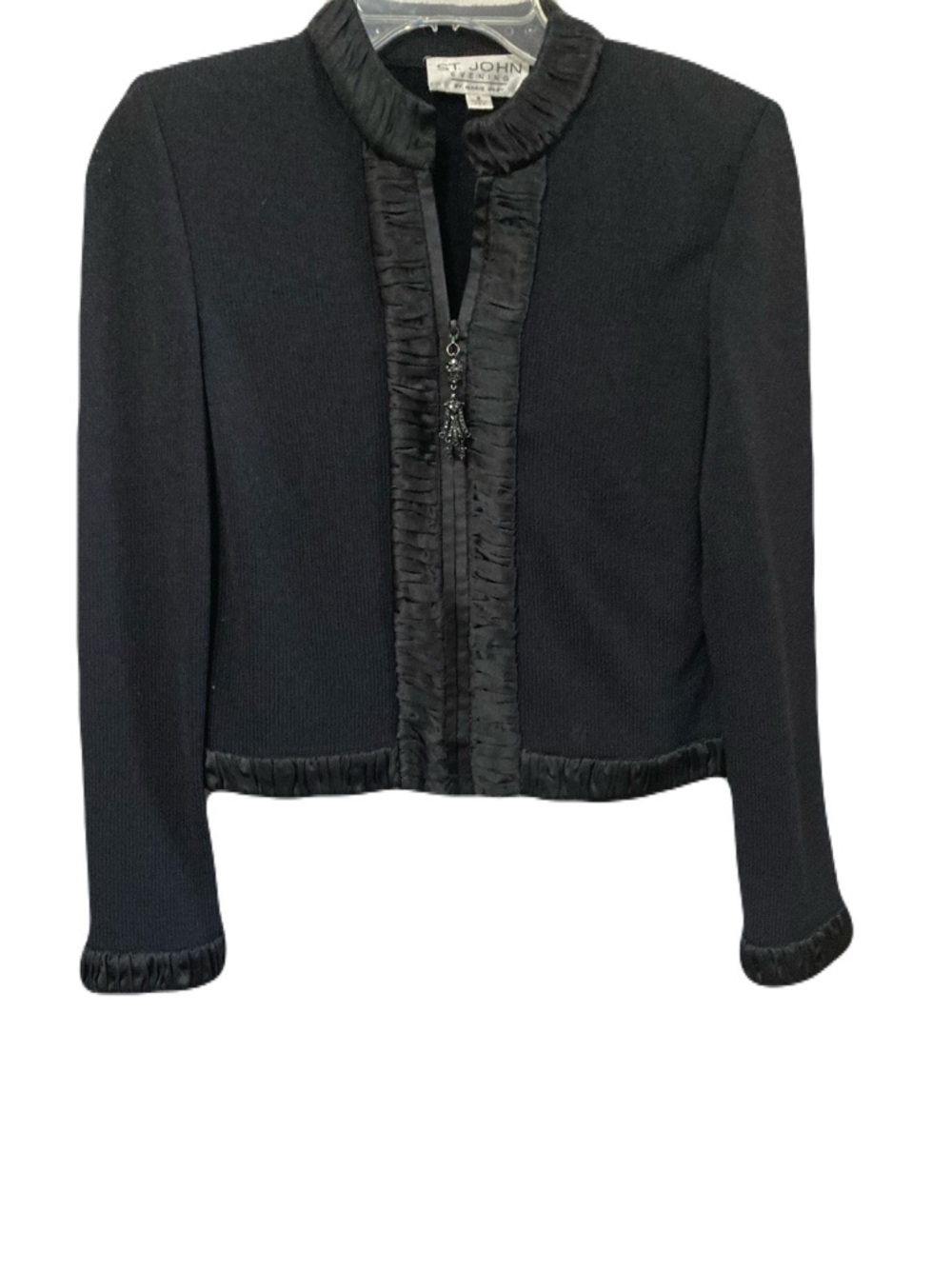 St. John Black Cropped Knit Jacket with Ruffle Trim